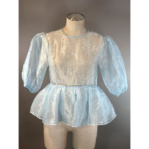 Topshop NWT Dobby Dot Organza Sheer Puff Blouse in Powder Blue Size 4 - Picture 2 of 5